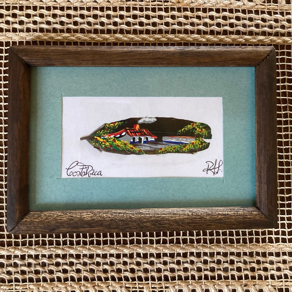 Costa Rica Hand-Painted Cottage on Feather Signed Framed Souvenir